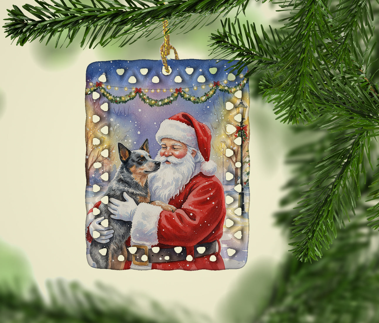 Australian Cattle Dog with Santa Claus Porcelain Ornament
