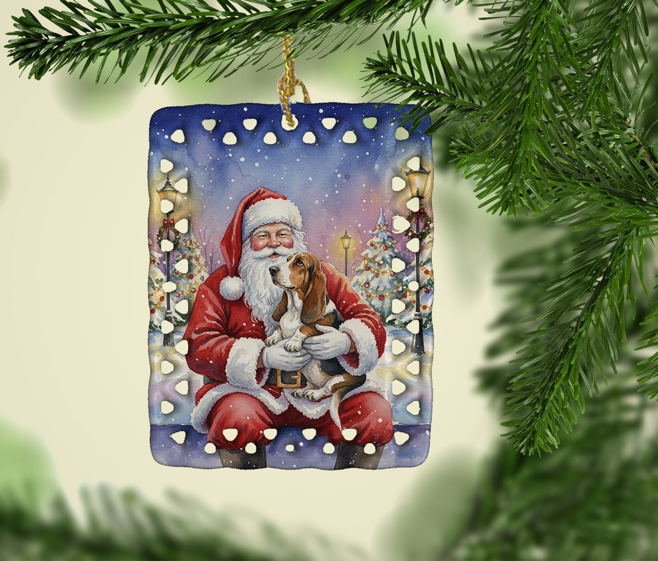 Basset Hound with Santa Claus Porcelain Ornament