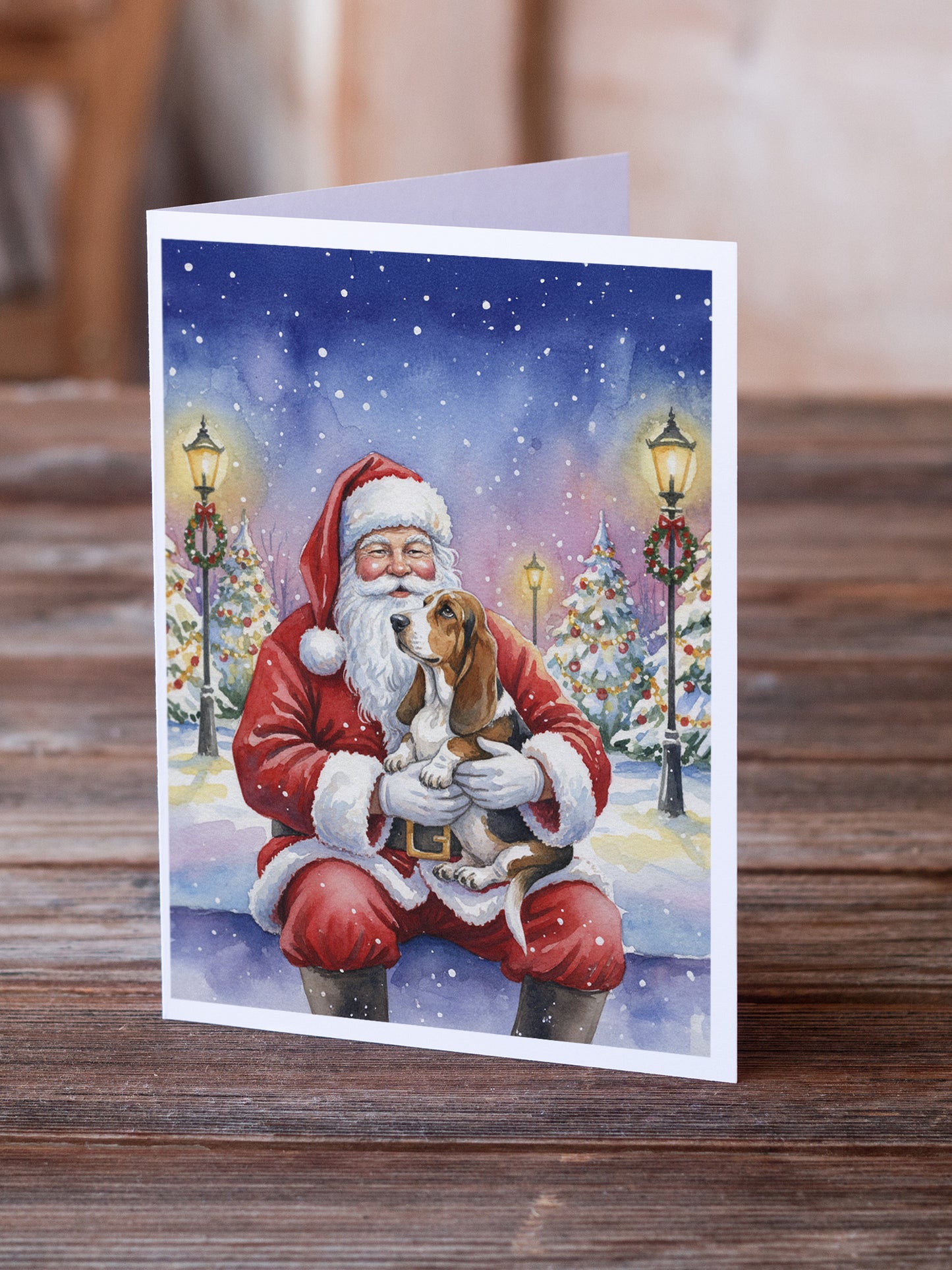 Basset Hound with Santa Claus Greeting Cards Pack of 8