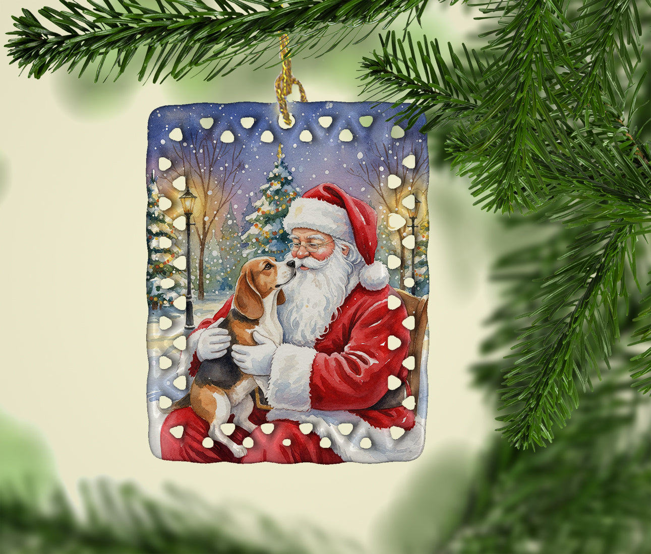 Beagle with Santa Claus Porcelain Ornament