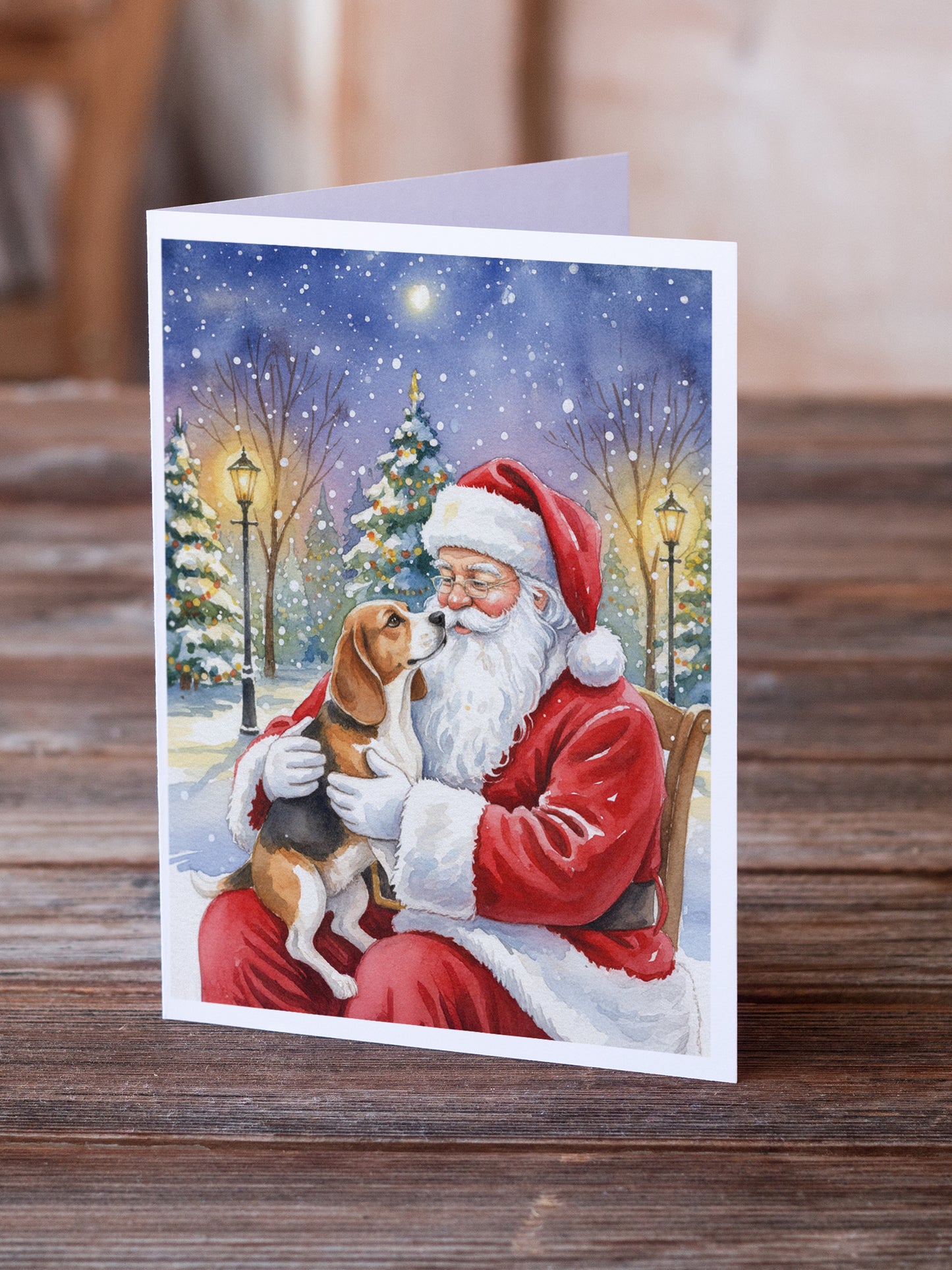 Beagle with Santa Claus Greeting Cards Pack of 8