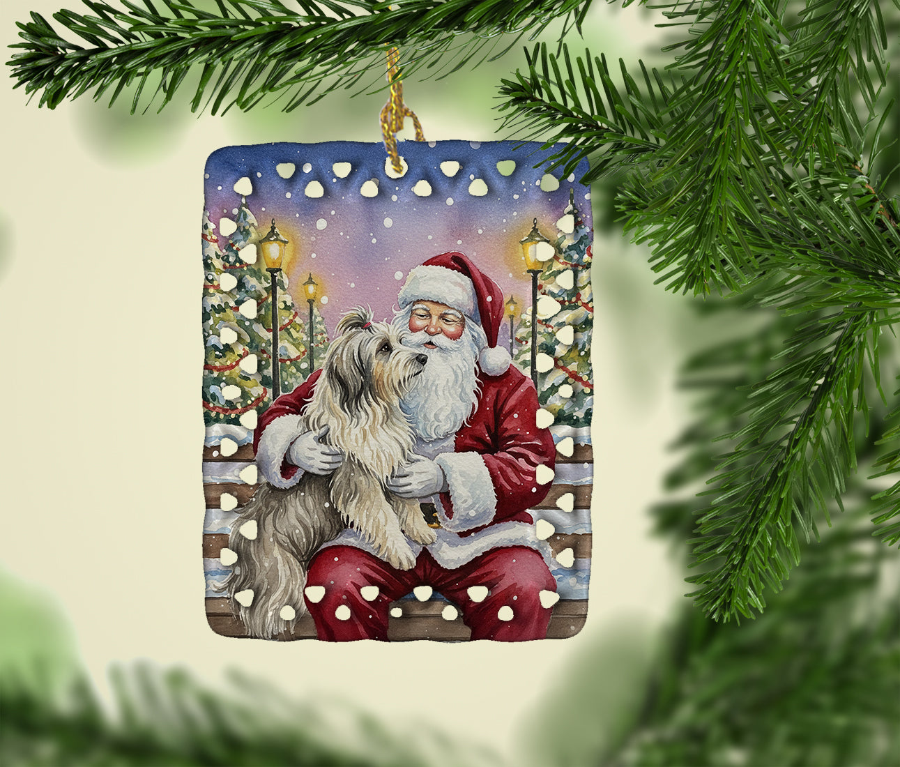 Bearded Collie with Santa Claus Porcelain Ornament