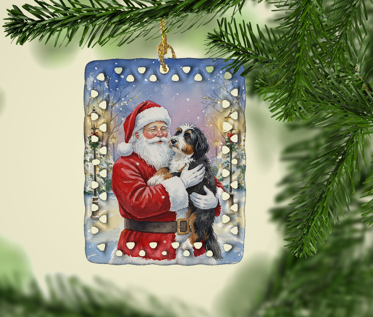 Bernedoodle with Santa Claus Porcelain Ornament