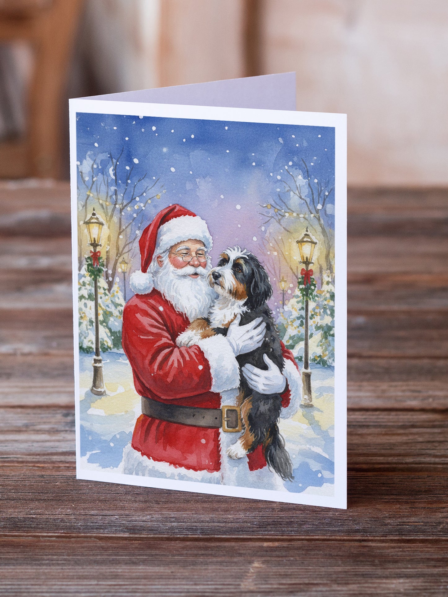 Bernedoodle with Santa Claus Greeting Cards Pack of 8