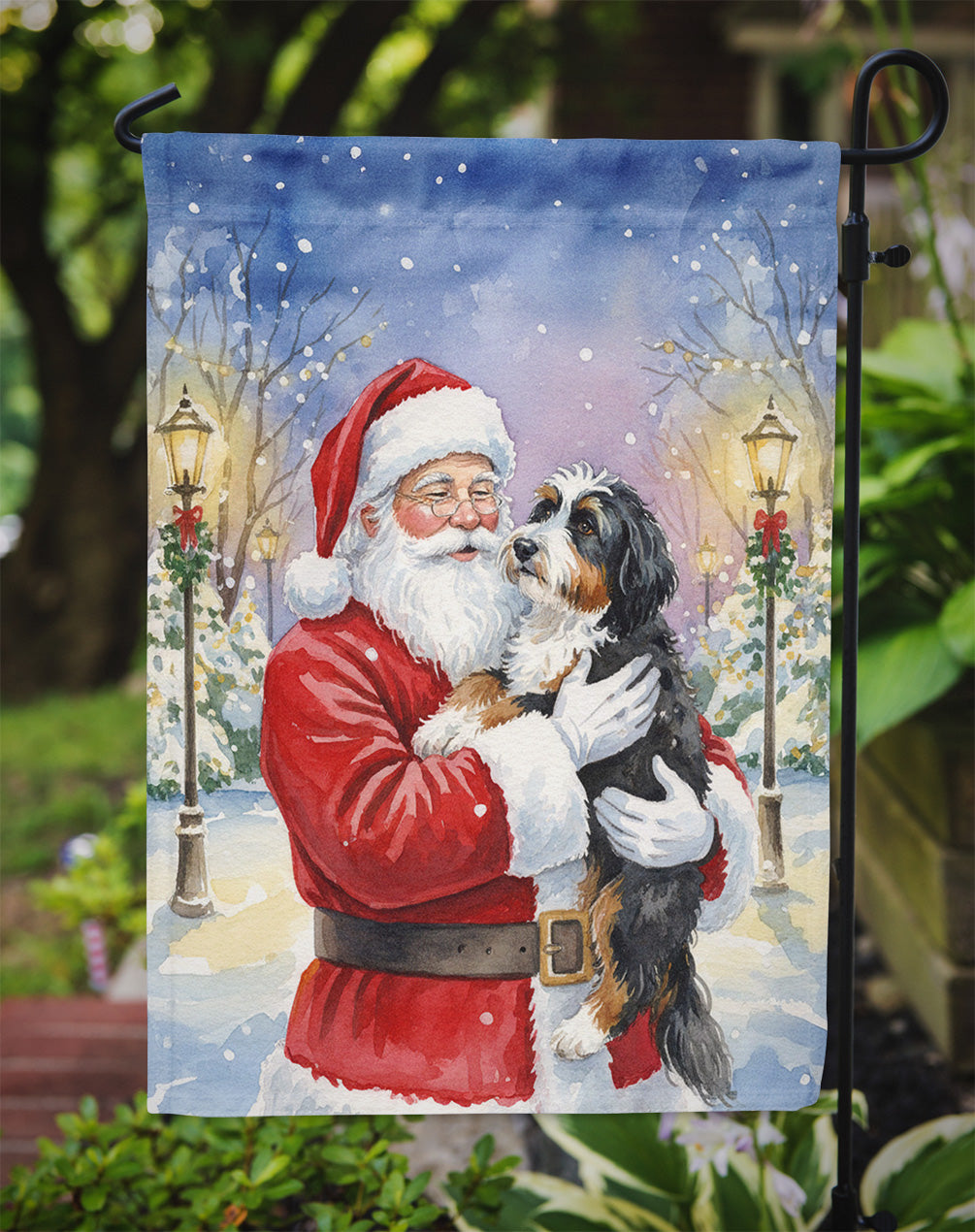 Bernedoodle with Santa Claus Garden Flag
