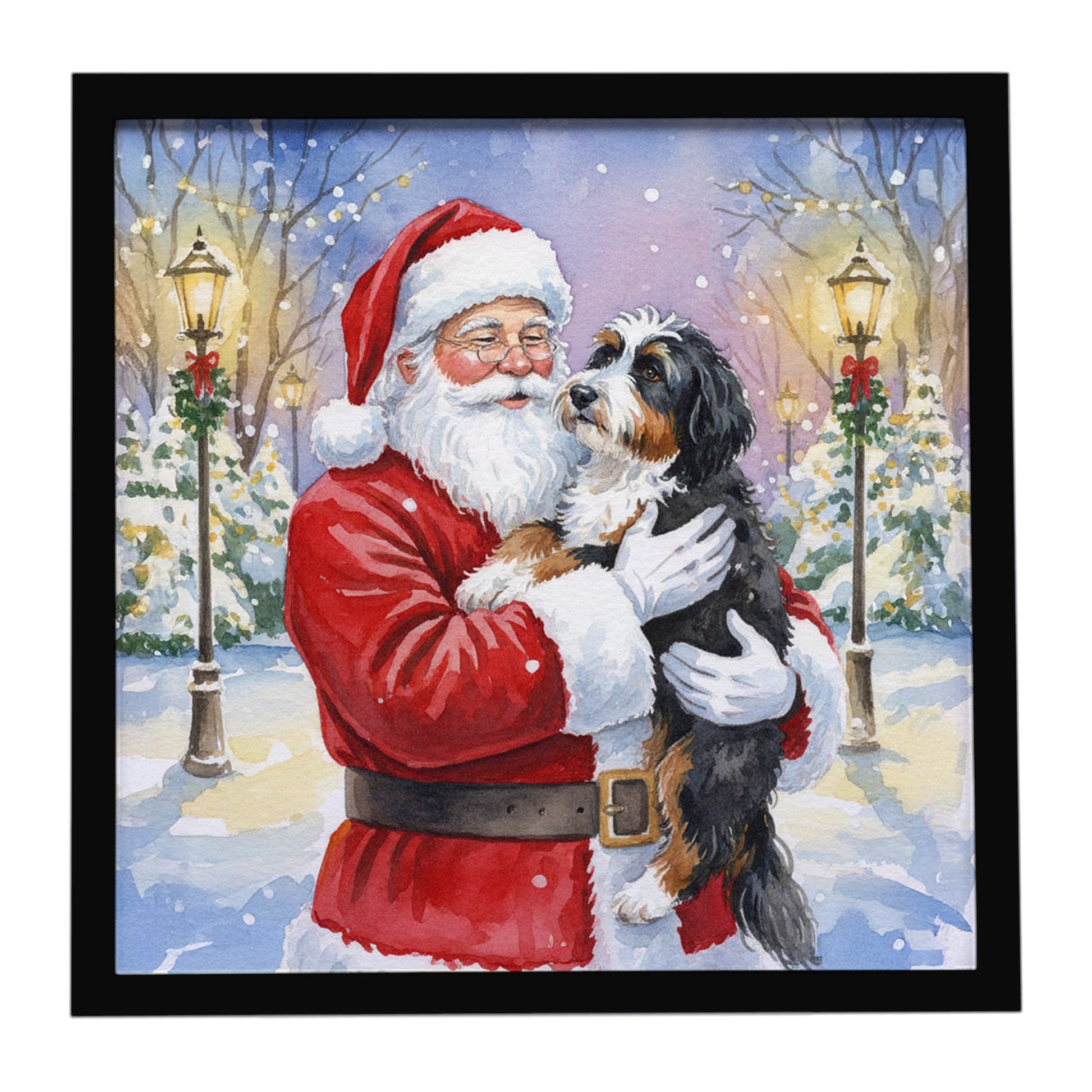 Buy this Bernedoodle with Santa Claus Framed Metal Print
