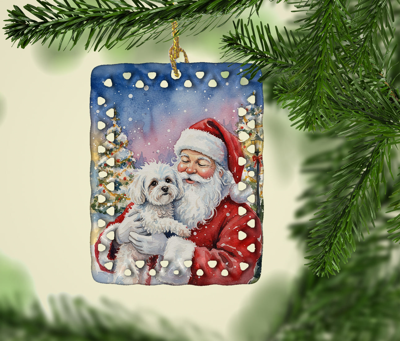 Bichon Frise with Santa Claus Porcelain Ornament