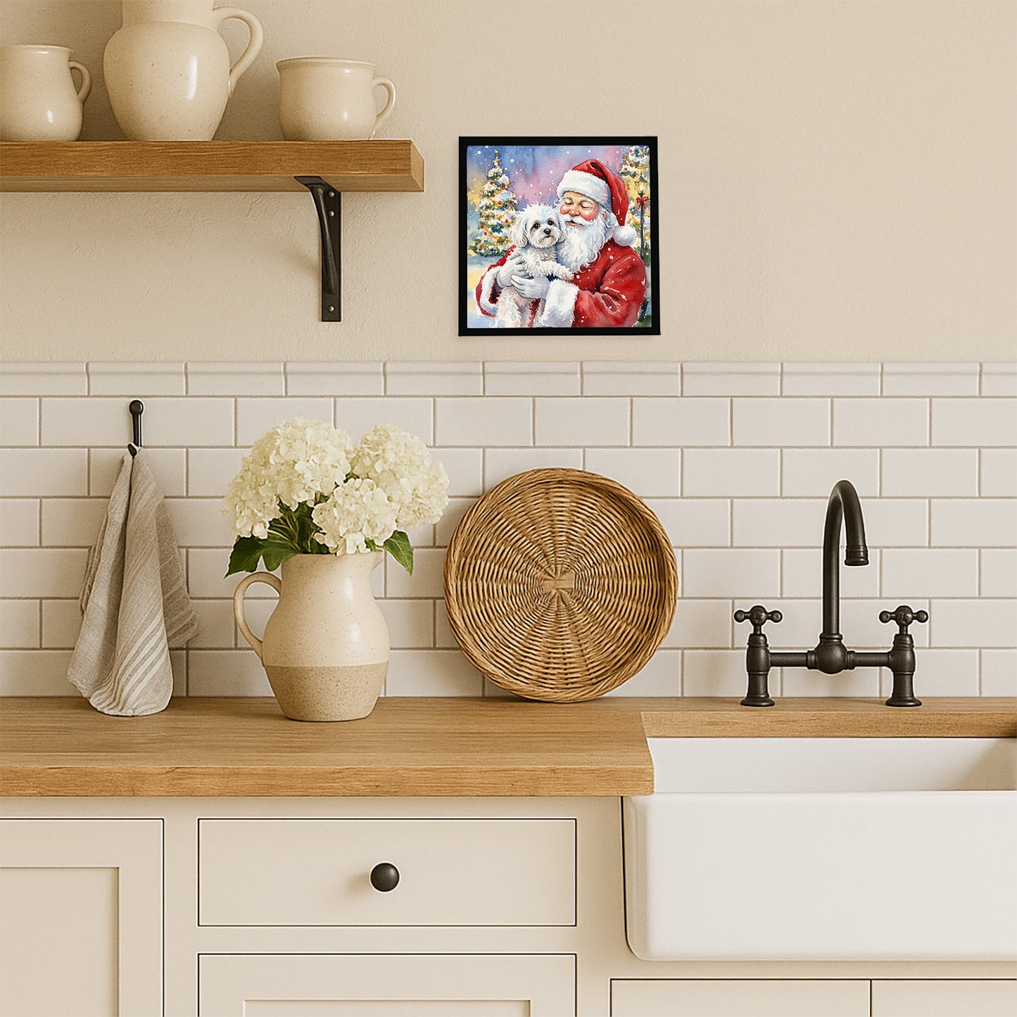 Bichon Frise with Santa Claus Framed Metal Print