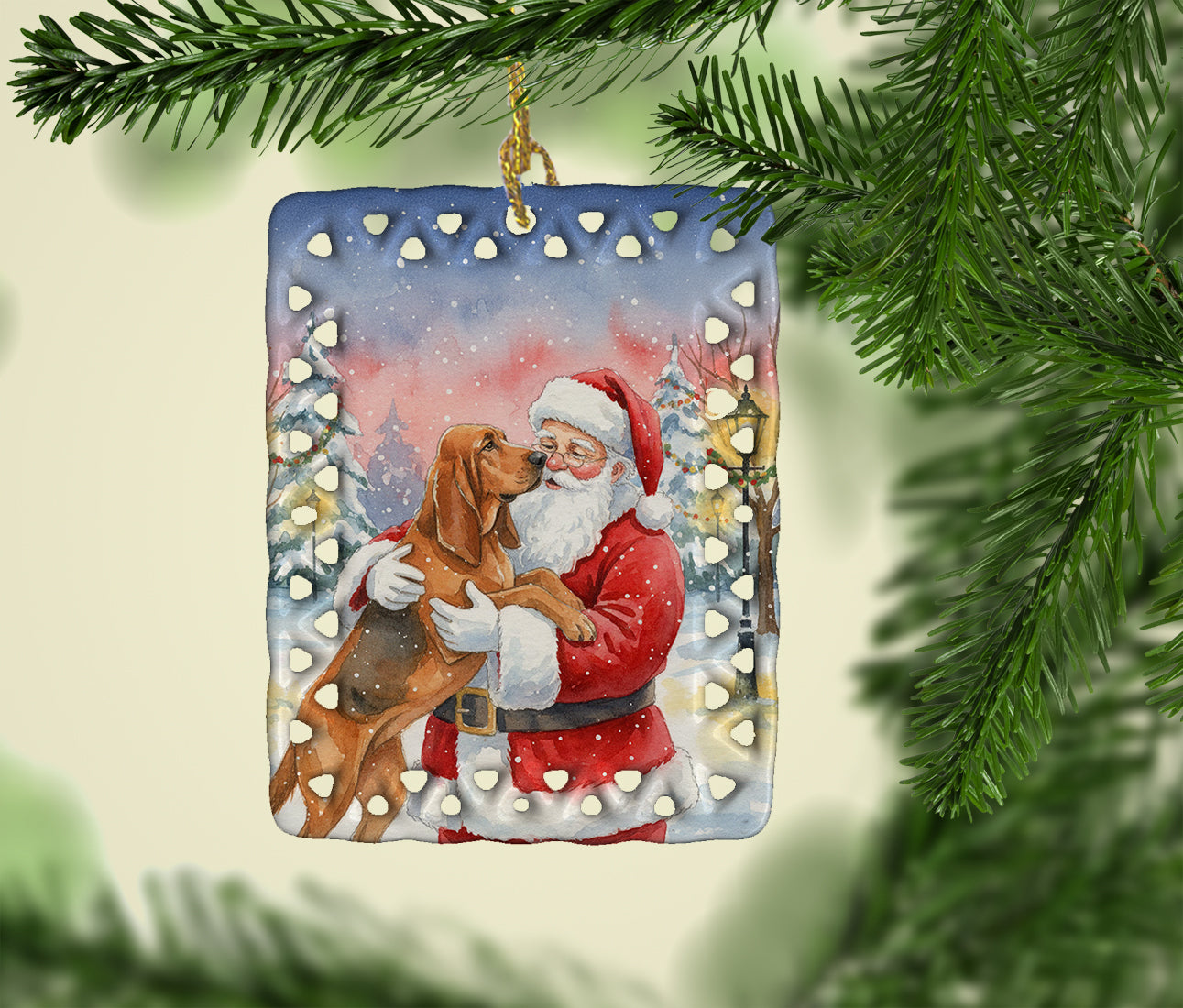 Bloodhound with Santa Claus Porcelain Ornament