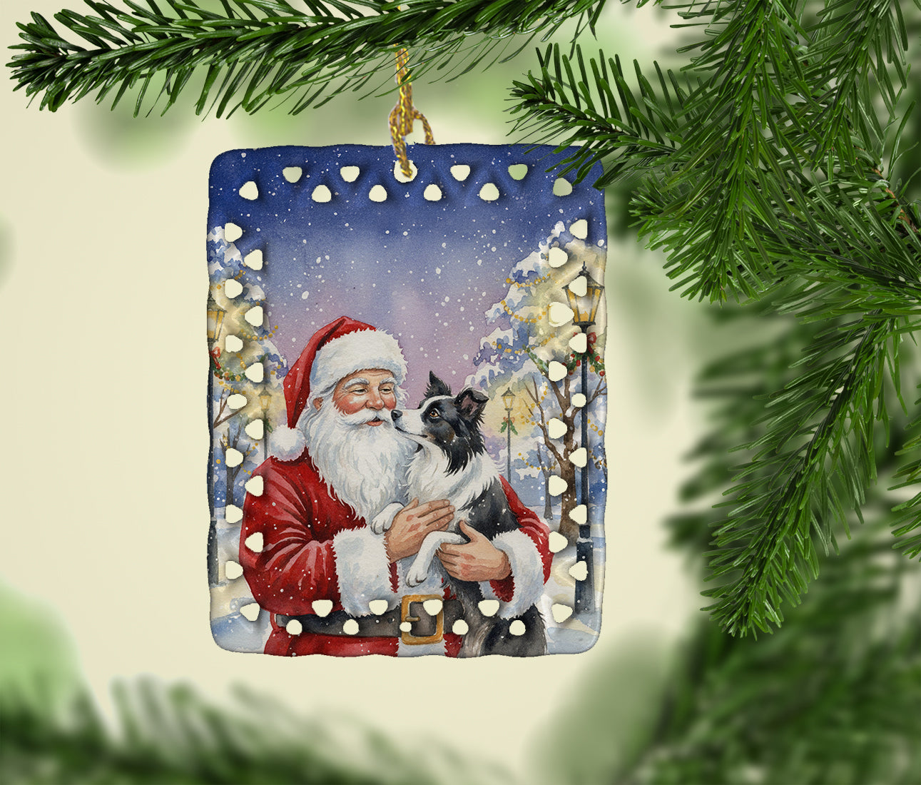 Border Collie with Santa Claus Porcelain Ornament