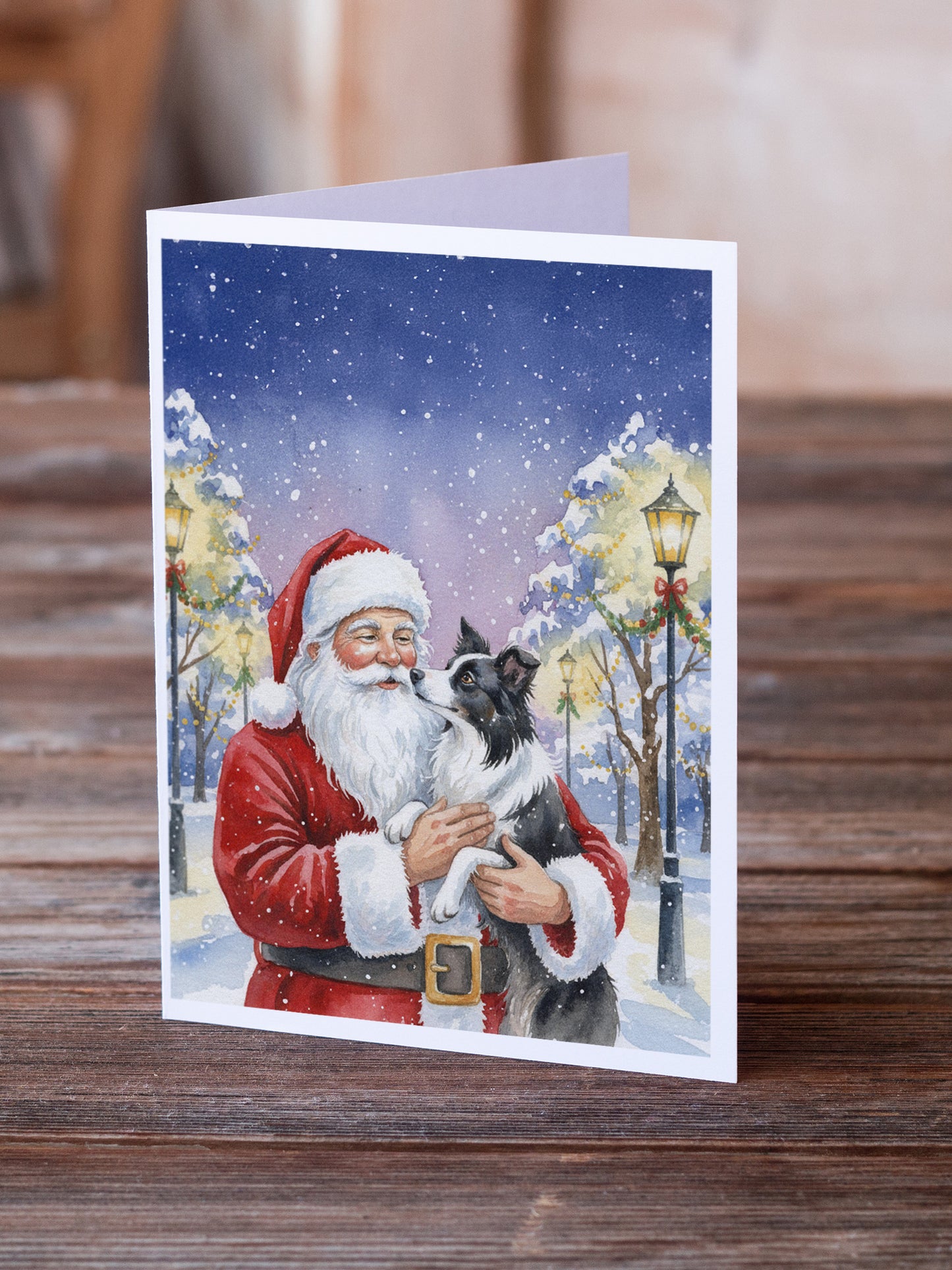 Border Collie with Santa Claus Greeting Cards Pack of 8