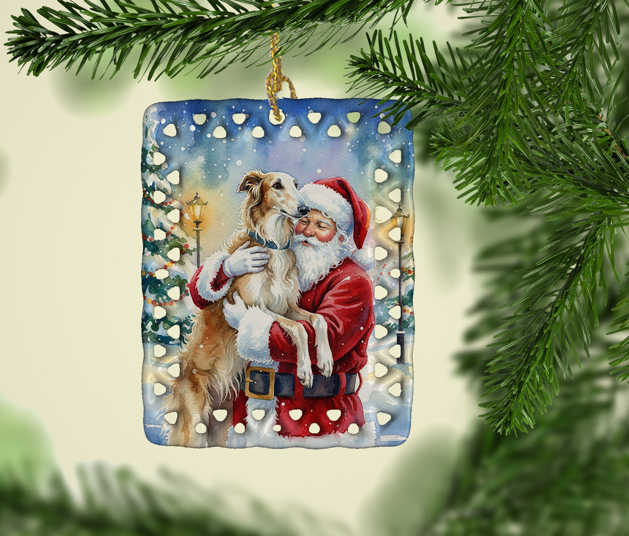 Borzoi/ with Santa Claus Porcelain Ornament