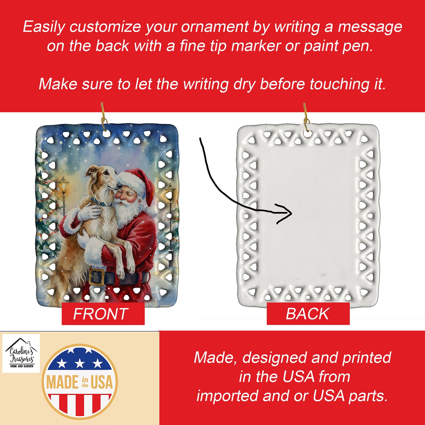 Borzoi/ with Santa Claus Porcelain Ornament