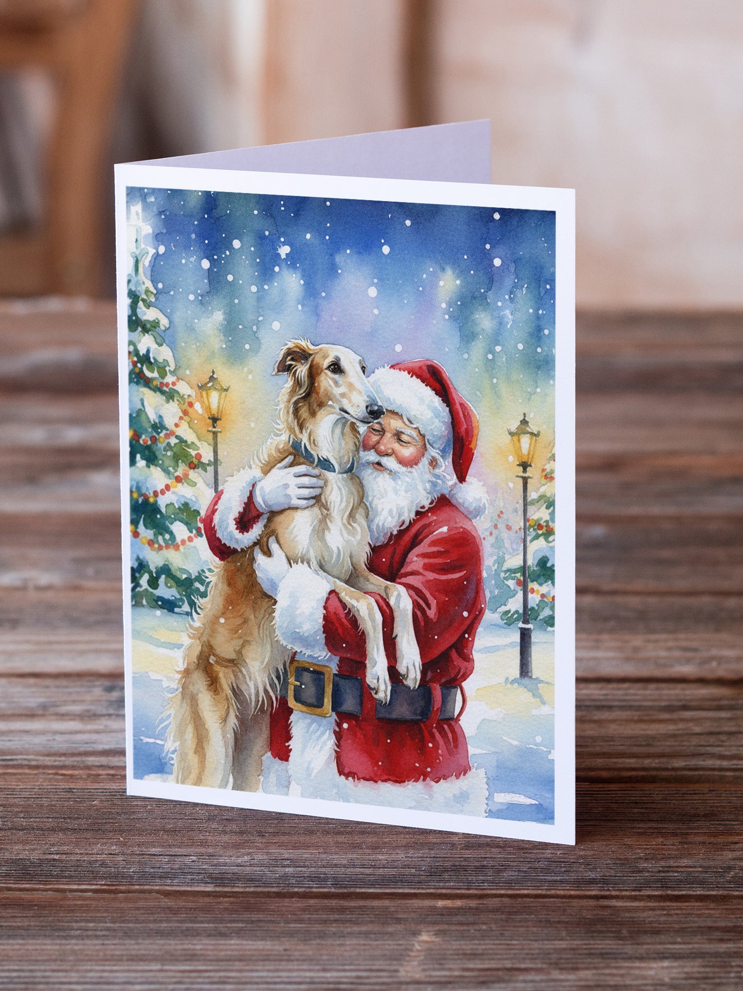 Borzoi/ with Santa Claus Greeting Cards Pack of 8