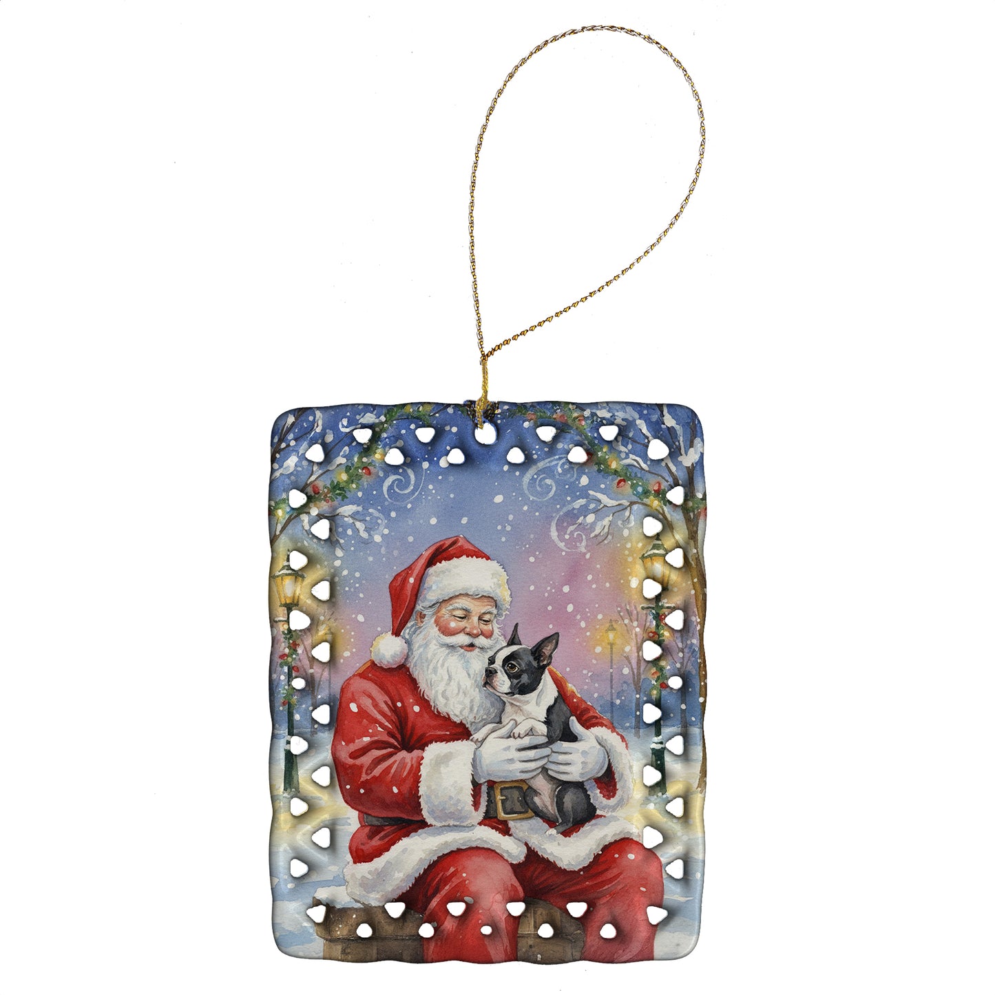 Buy this Boston Terrier with Santa Claus Porcelain Ornament