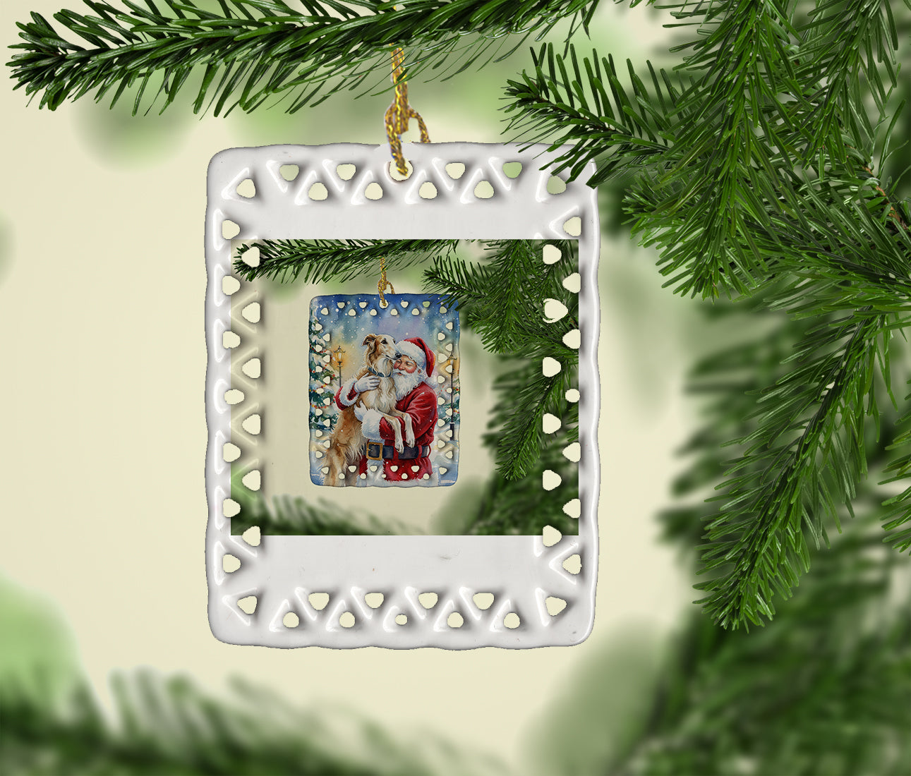 Boston Terrier with Santa Claus Porcelain Ornament