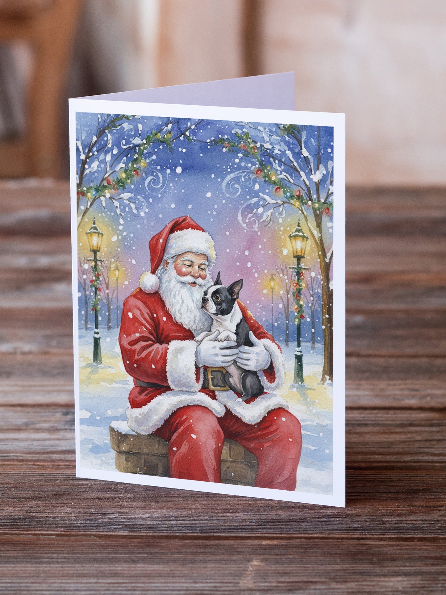 Boston Terrier with Santa Claus Greeting Cards Pack of 8