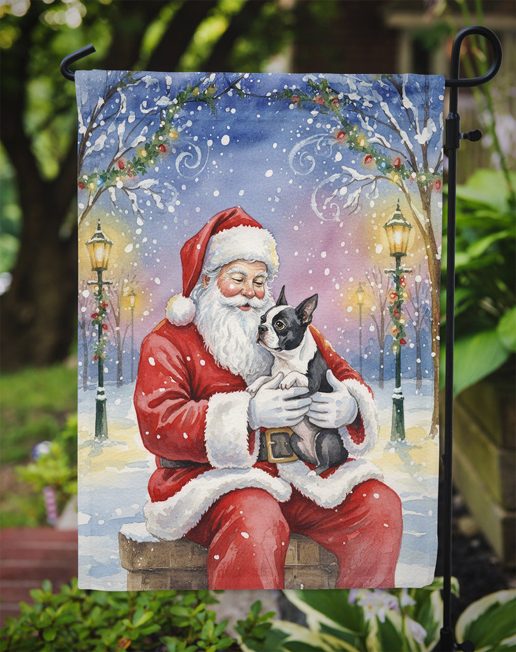 Boston Terrier with Santa Claus Garden Flag