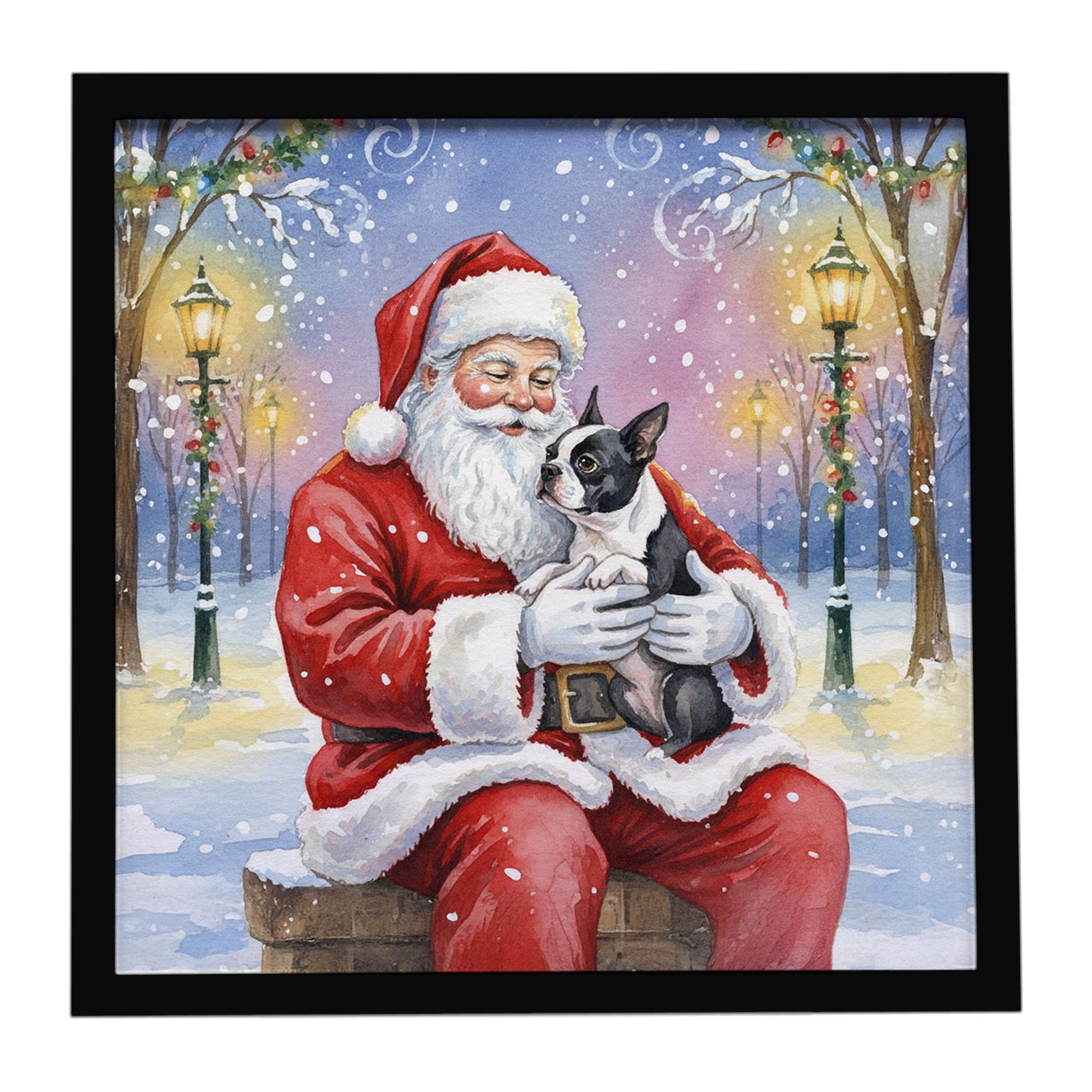 Buy this Boston Terrier with Santa Claus Framed Metal Print