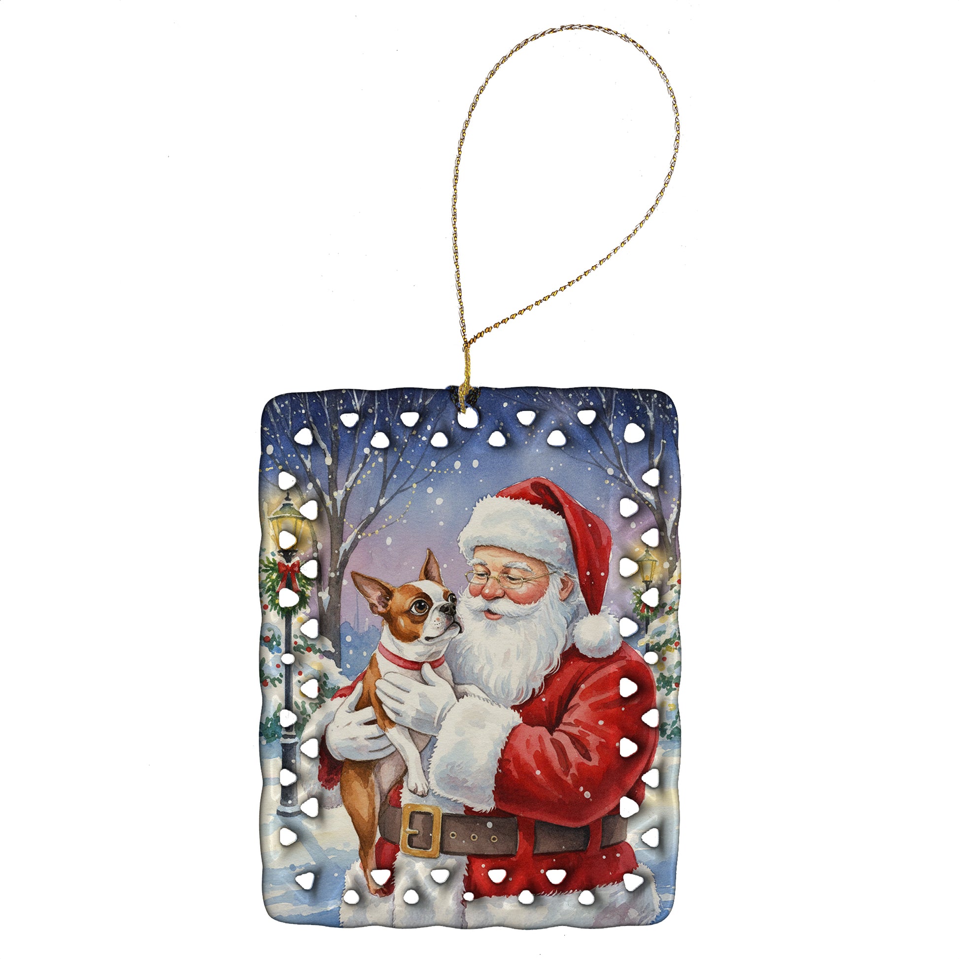 Buy this Red Boston Terrier with Santa Claus Porcelain Ornament