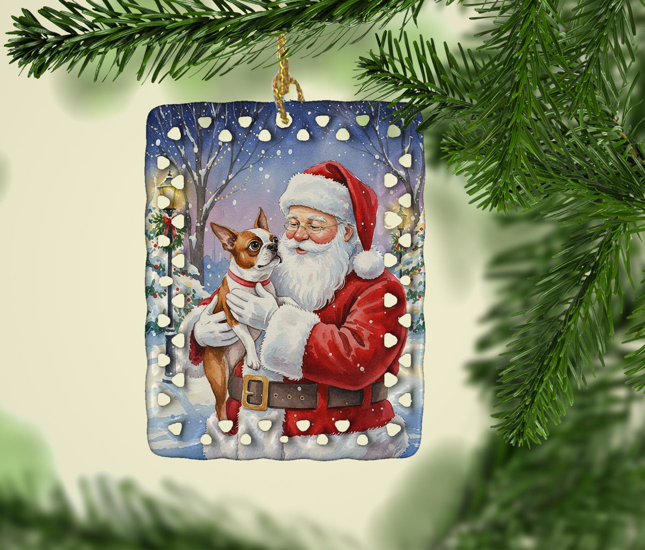 Red Boston Terrier with Santa Claus Porcelain Ornament