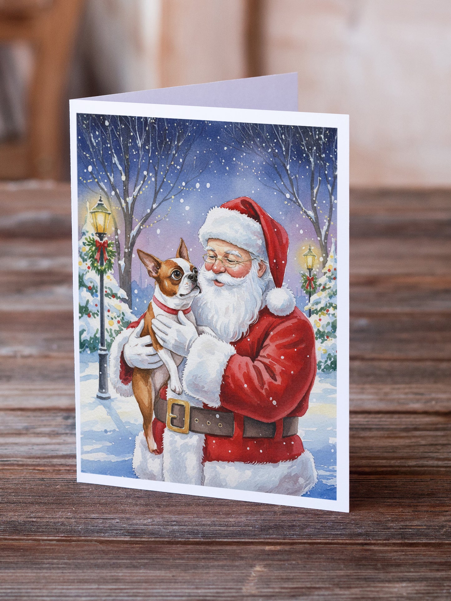 Red Boston Terrier with Santa Claus Greeting Cards Pack of 8