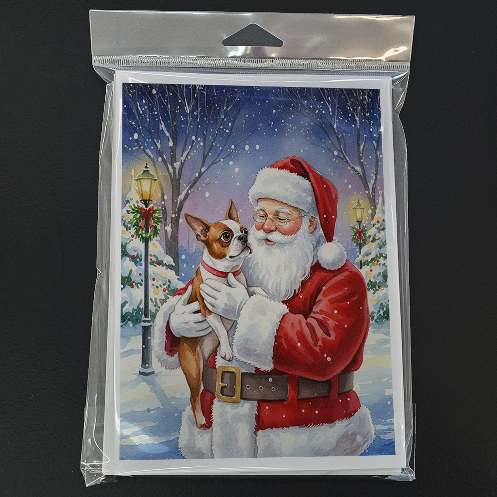 Red Boston Terrier with Santa Claus Greeting Cards Pack of 8