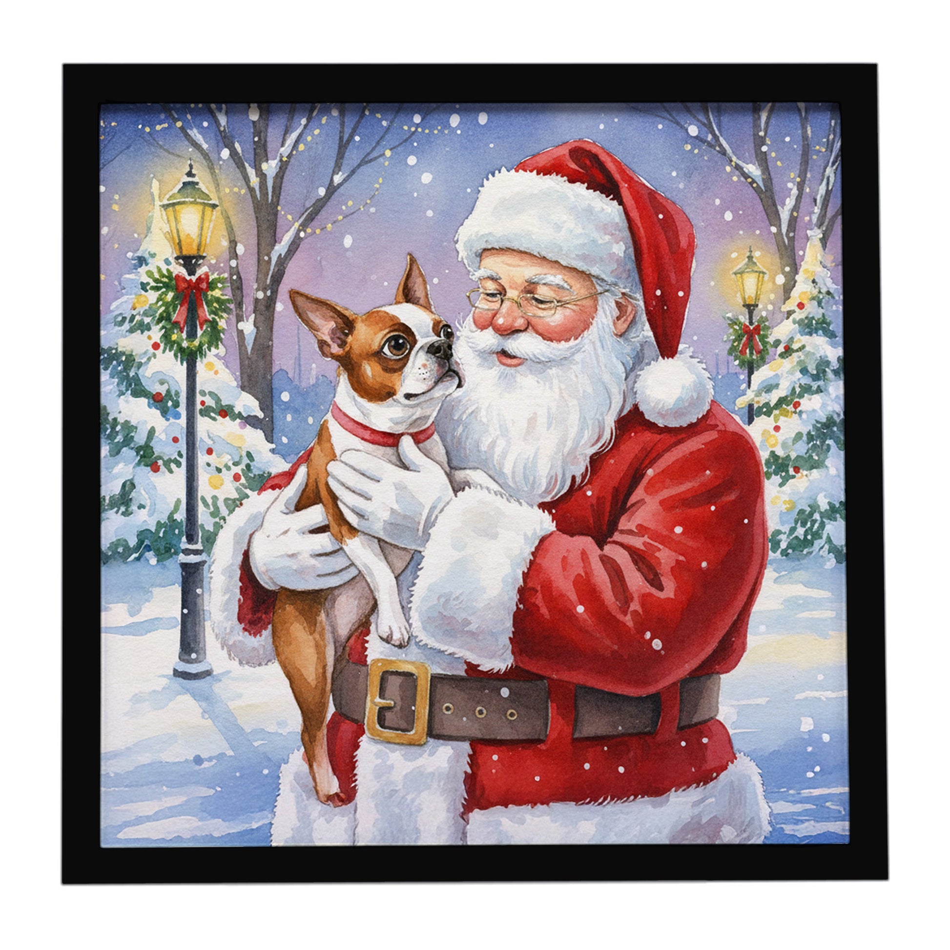 Buy this Red Boston Terrier with Santa Claus Framed Metal Print