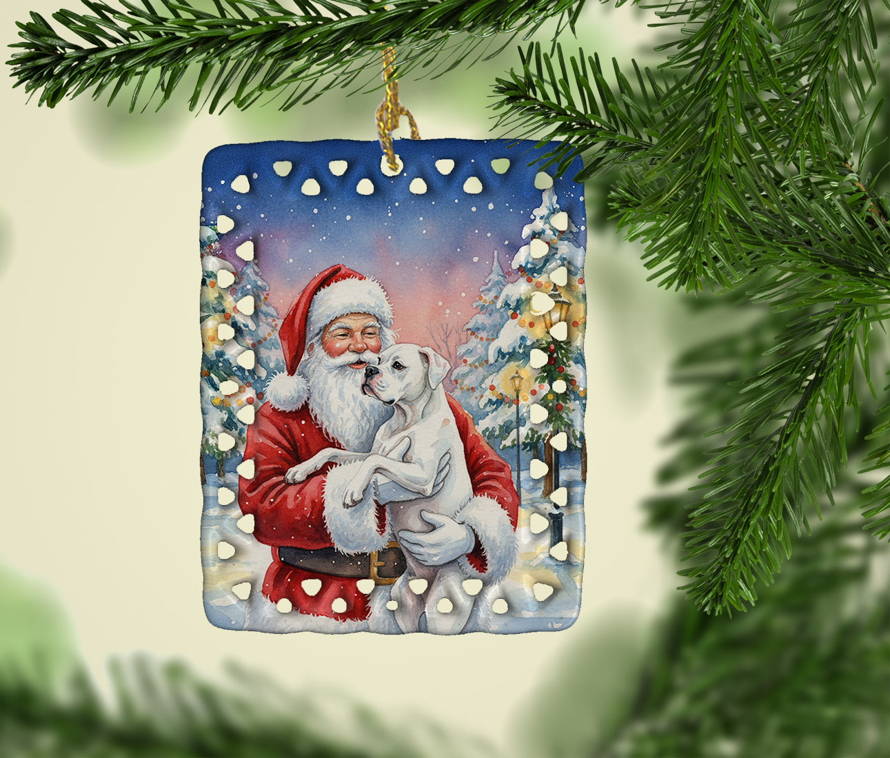 White Boxer with Santa Claus Porcelain Ornament