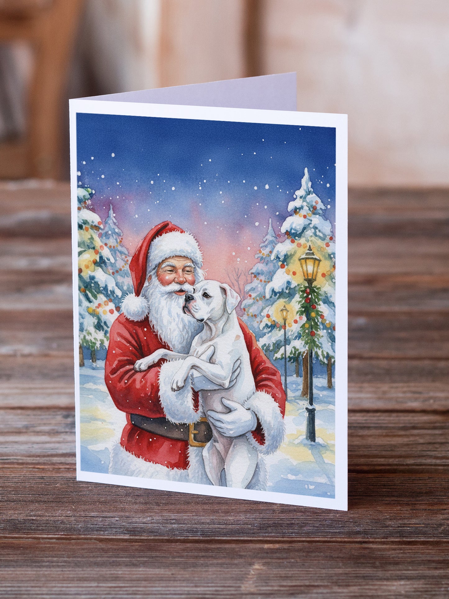 White Boxer with Santa Claus Greeting Cards Pack of 8