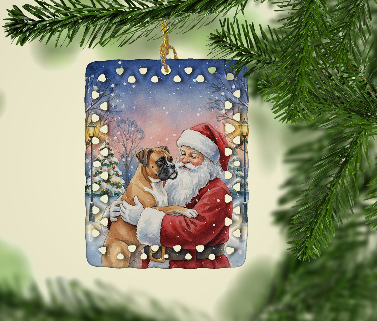 Boxer with Santa Claus Porcelain Ornament