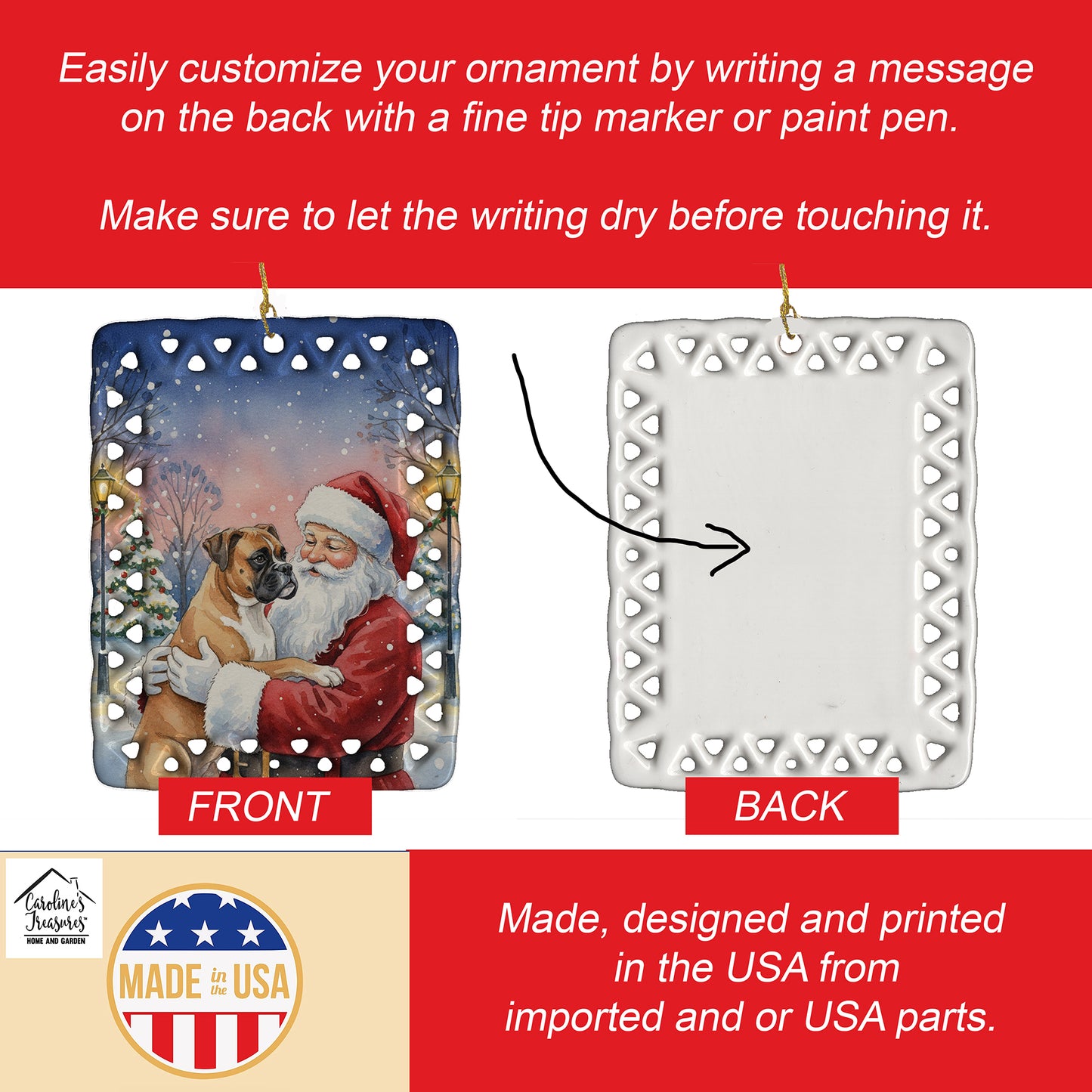 Boxer with Santa Claus Porcelain Ornament