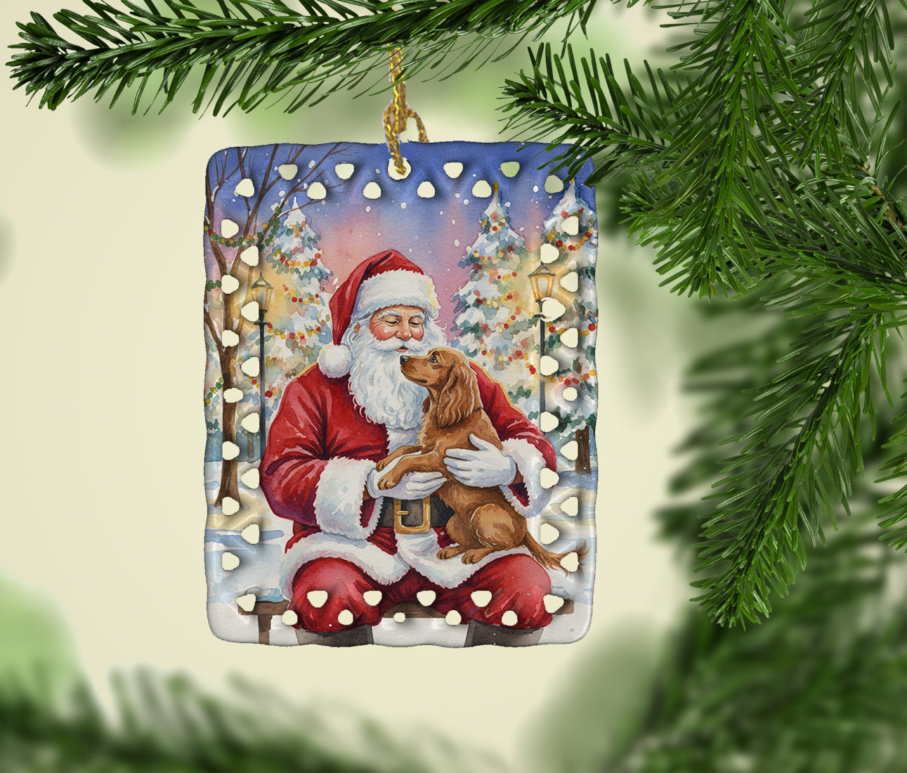 Boykin Spaniel with Santa Claus Porcelain Ornament