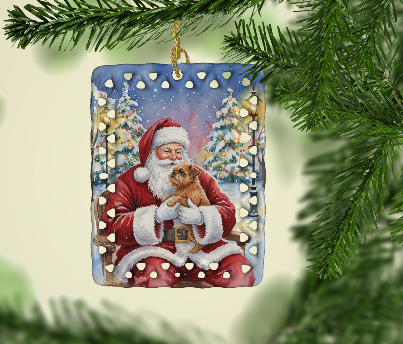 Brussels Griffon with Santa Claus Porcelain Ornament