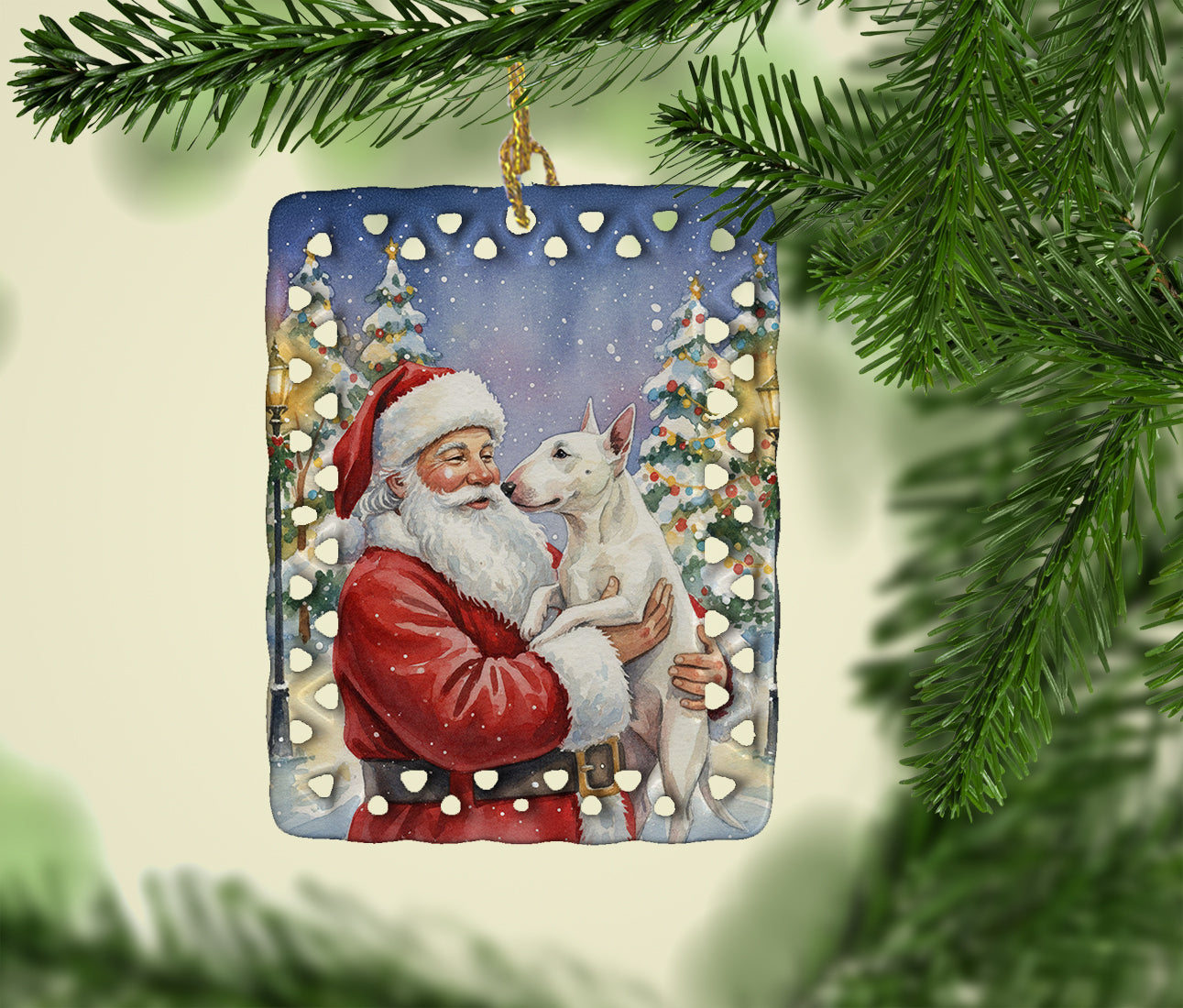 Bull Terrier with Santa Claus Porcelain Ornament