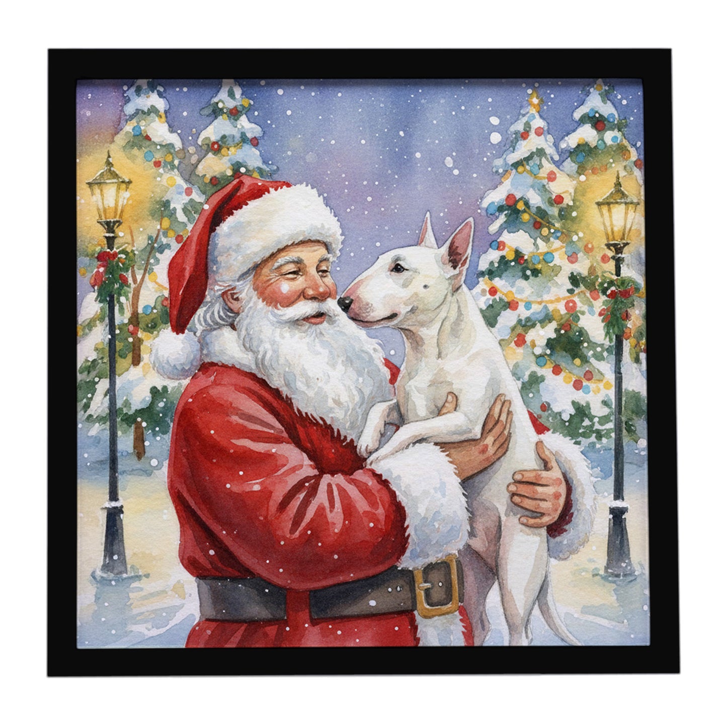 Buy this Bull Terrier with Santa Claus Framed Metal Print