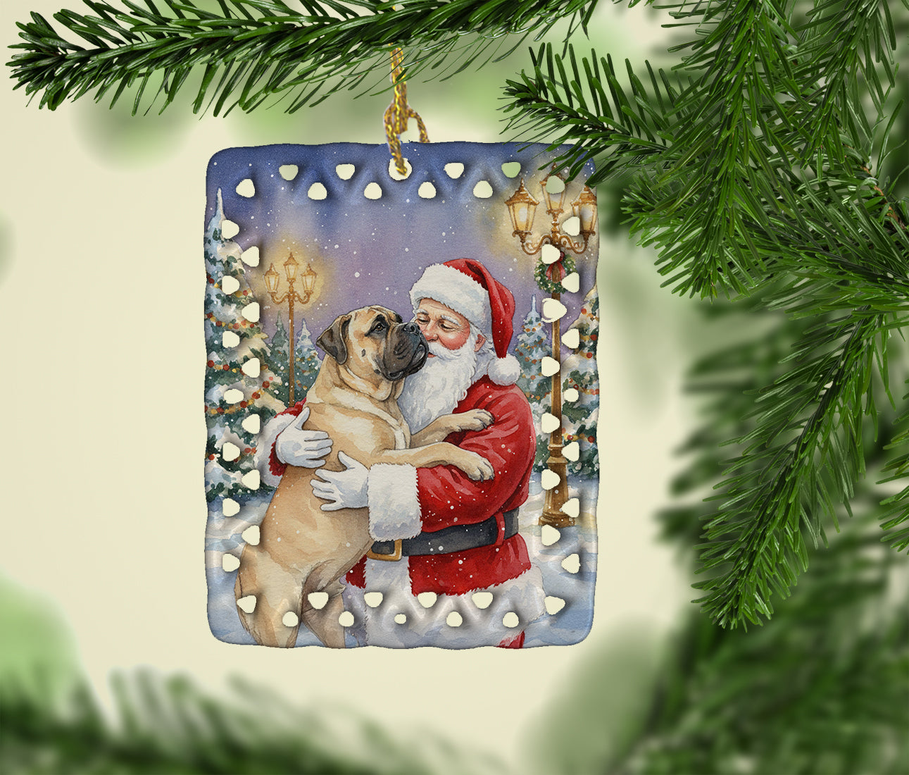 Bullmastiff with Santa Claus Porcelain Ornament