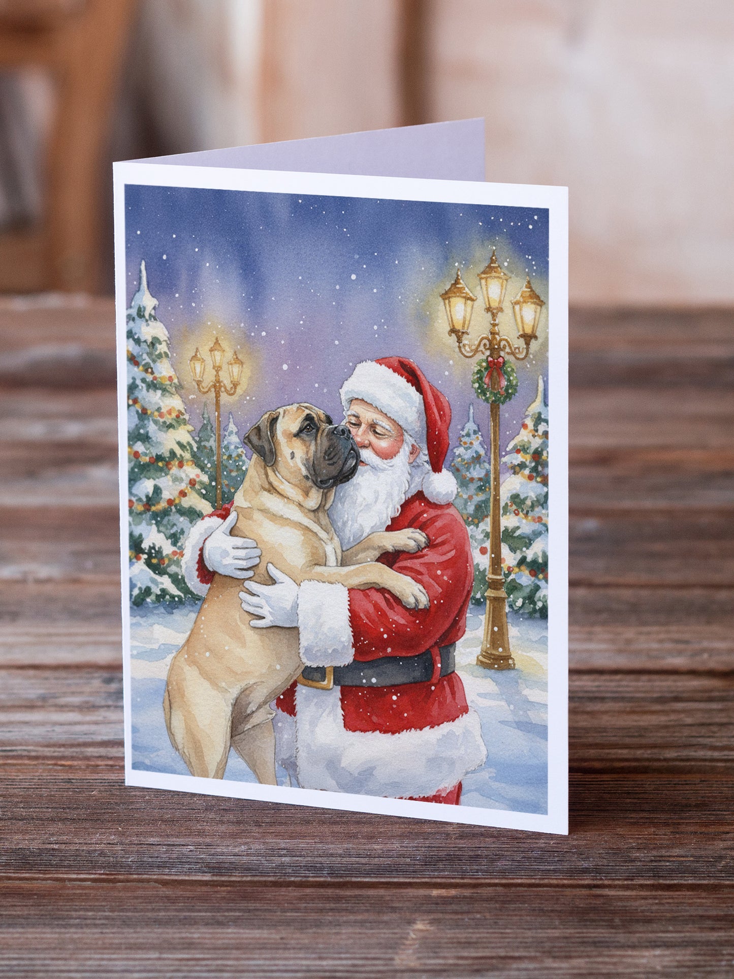 Bullmastiff with Santa Claus Greeting Cards Pack of 8