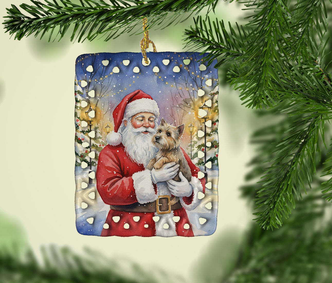 Cairn Terrier with Santa Claus Porcelain Ornament