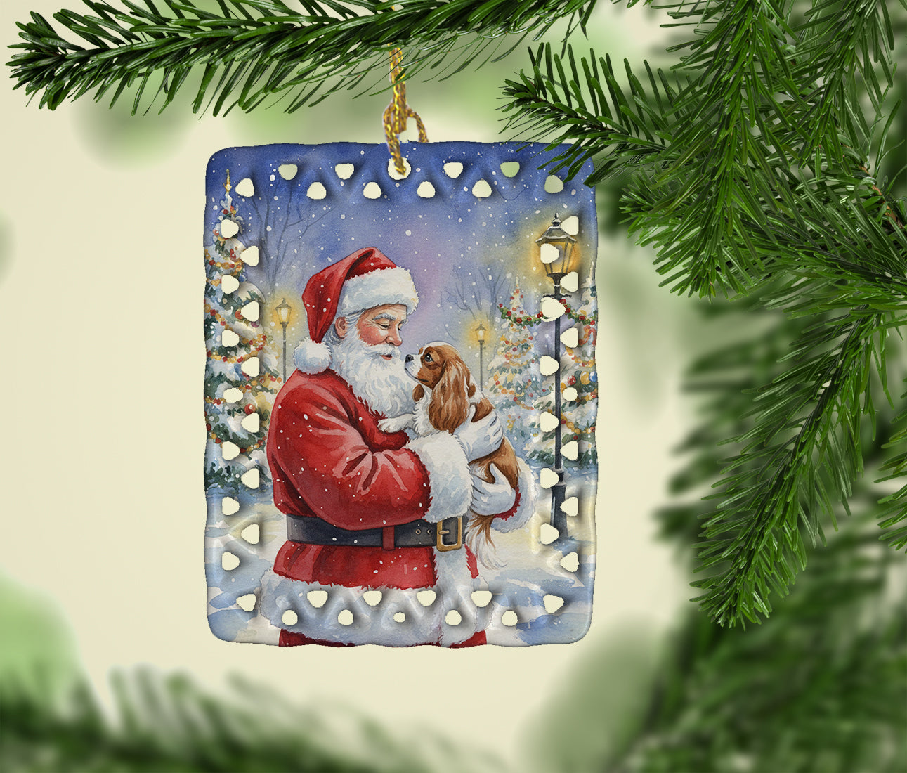 Cavalier Spaniel with Santa Claus Porcelain Ornament