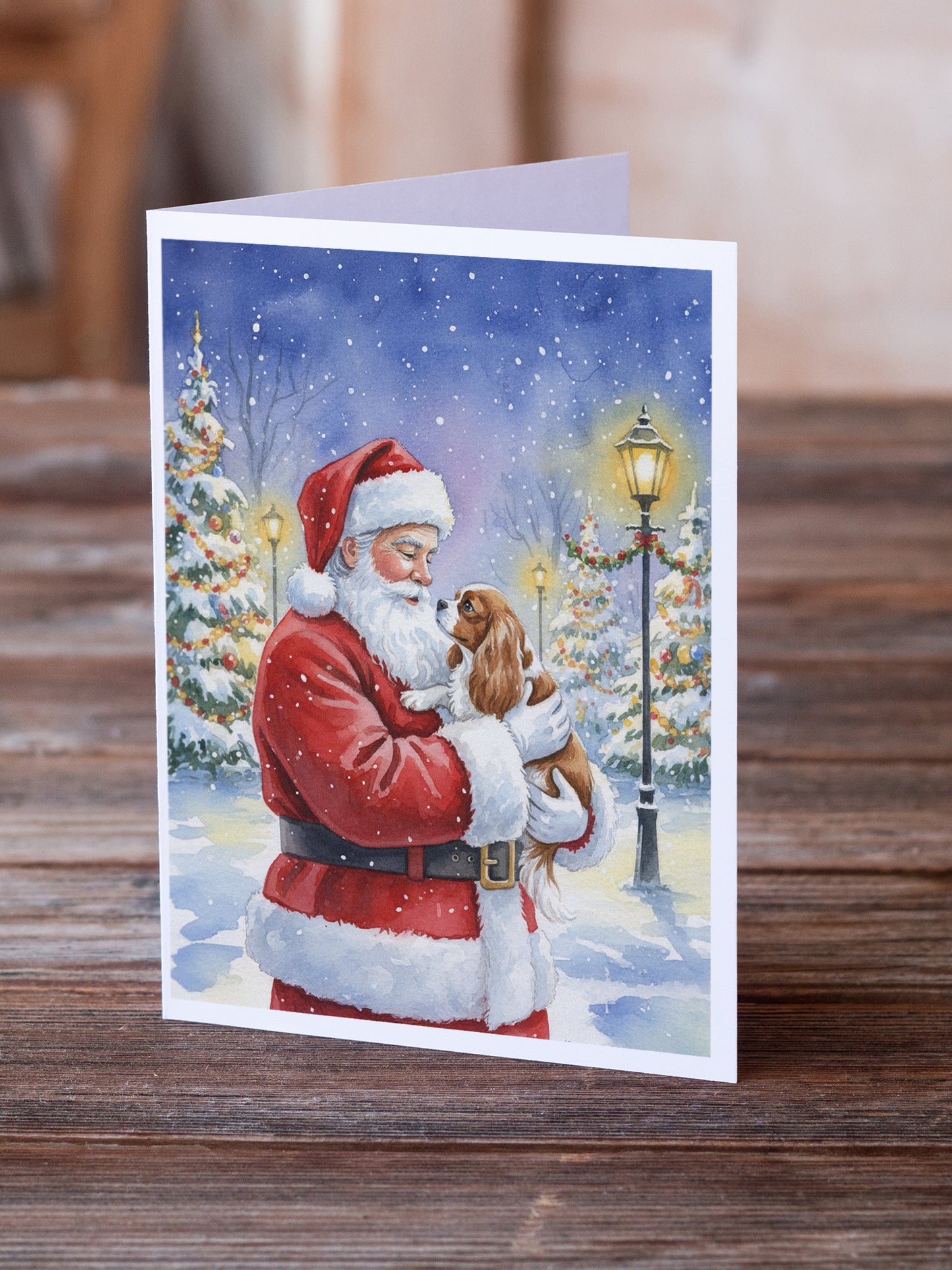 Cavalier Spaniel with Santa Claus Greeting Cards Pack of 8