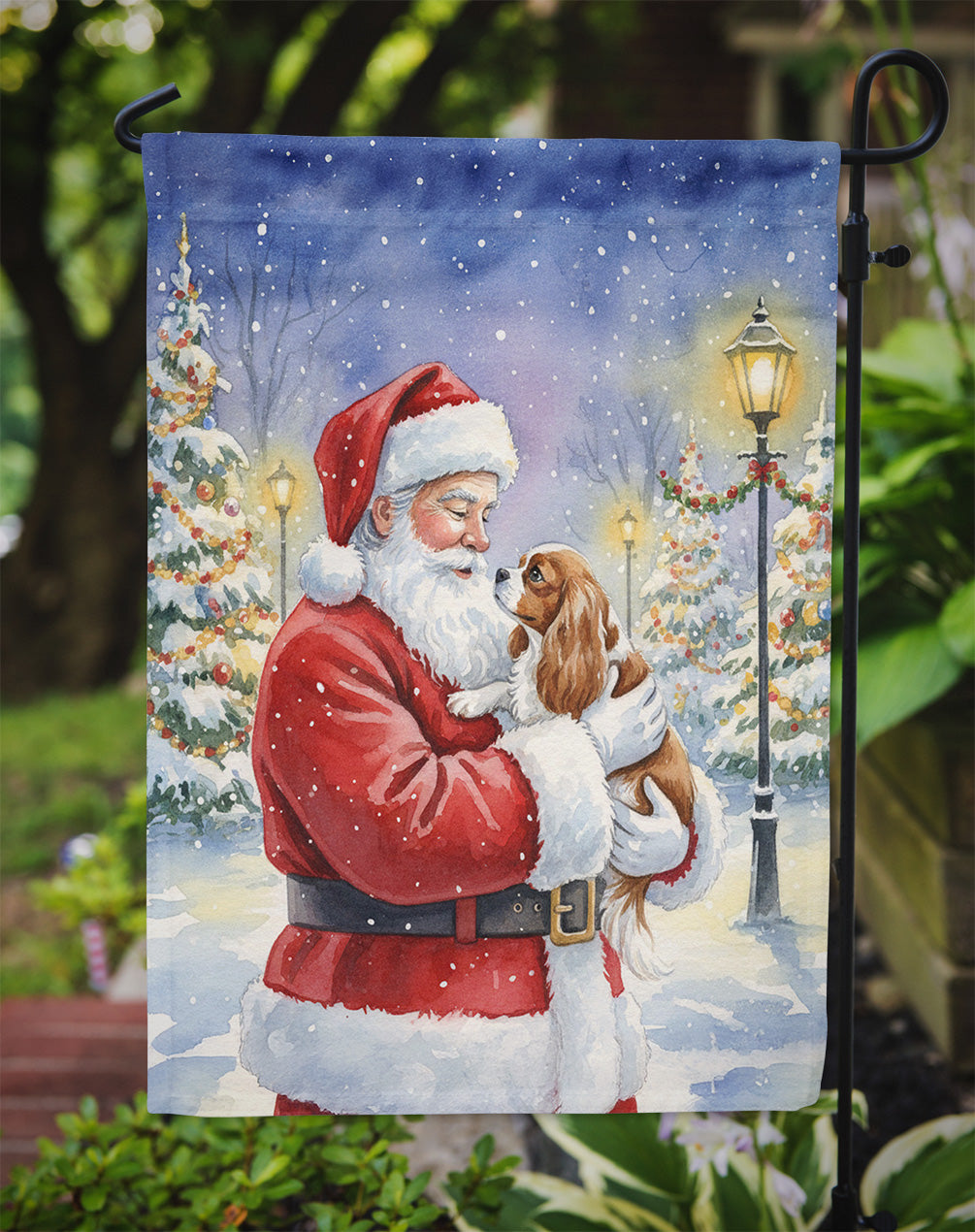 Cavalier Spaniel with Santa Claus Garden Flag