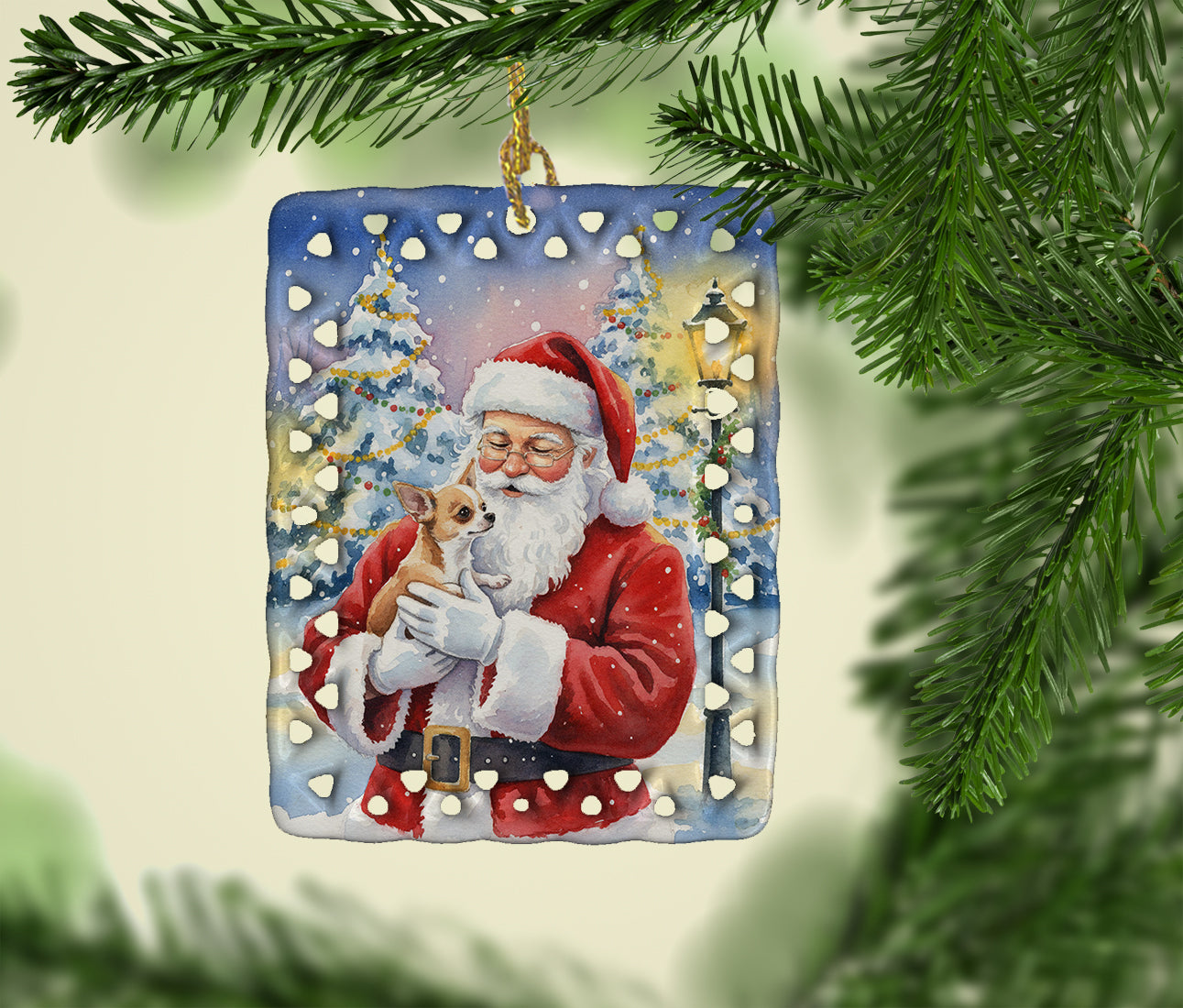 Chihuahua with Santa Claus Porcelain Ornament