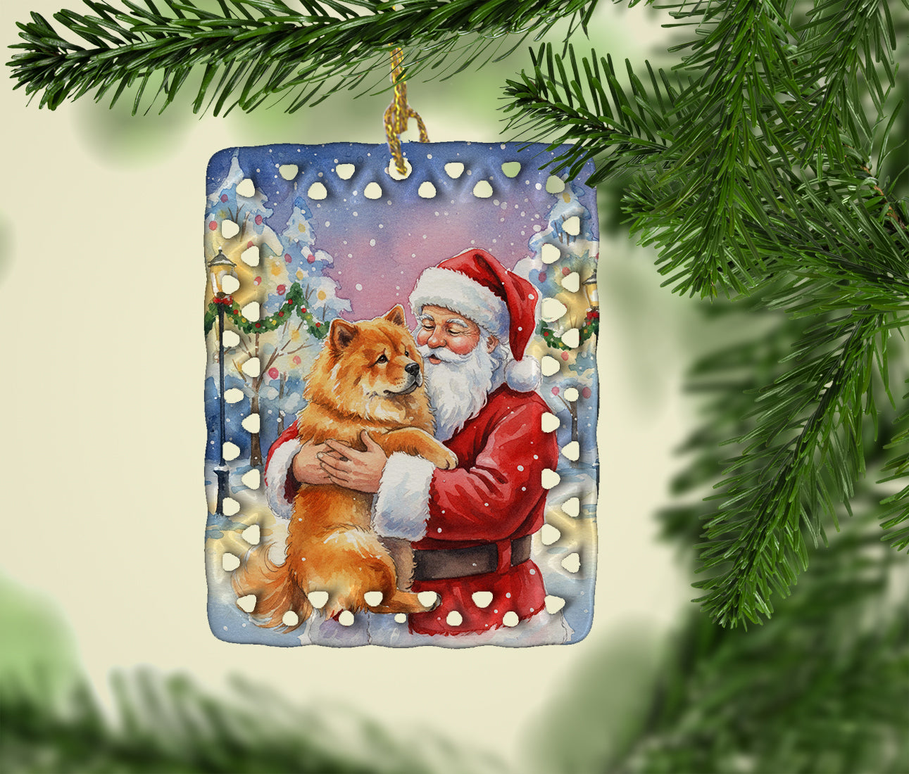 Chow Chow with Santa Claus Porcelain Ornament