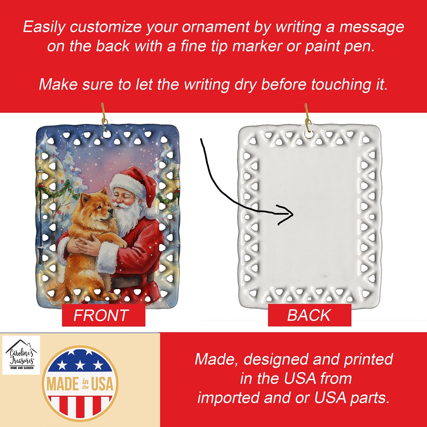 Chow Chow with Santa Claus Porcelain Ornament