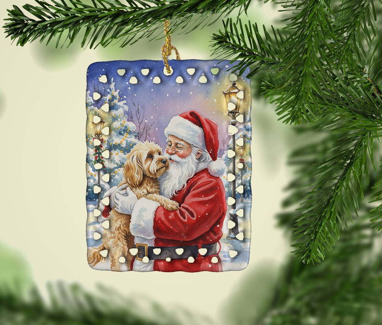Cockapoo with Santa Claus Porcelain Ornament