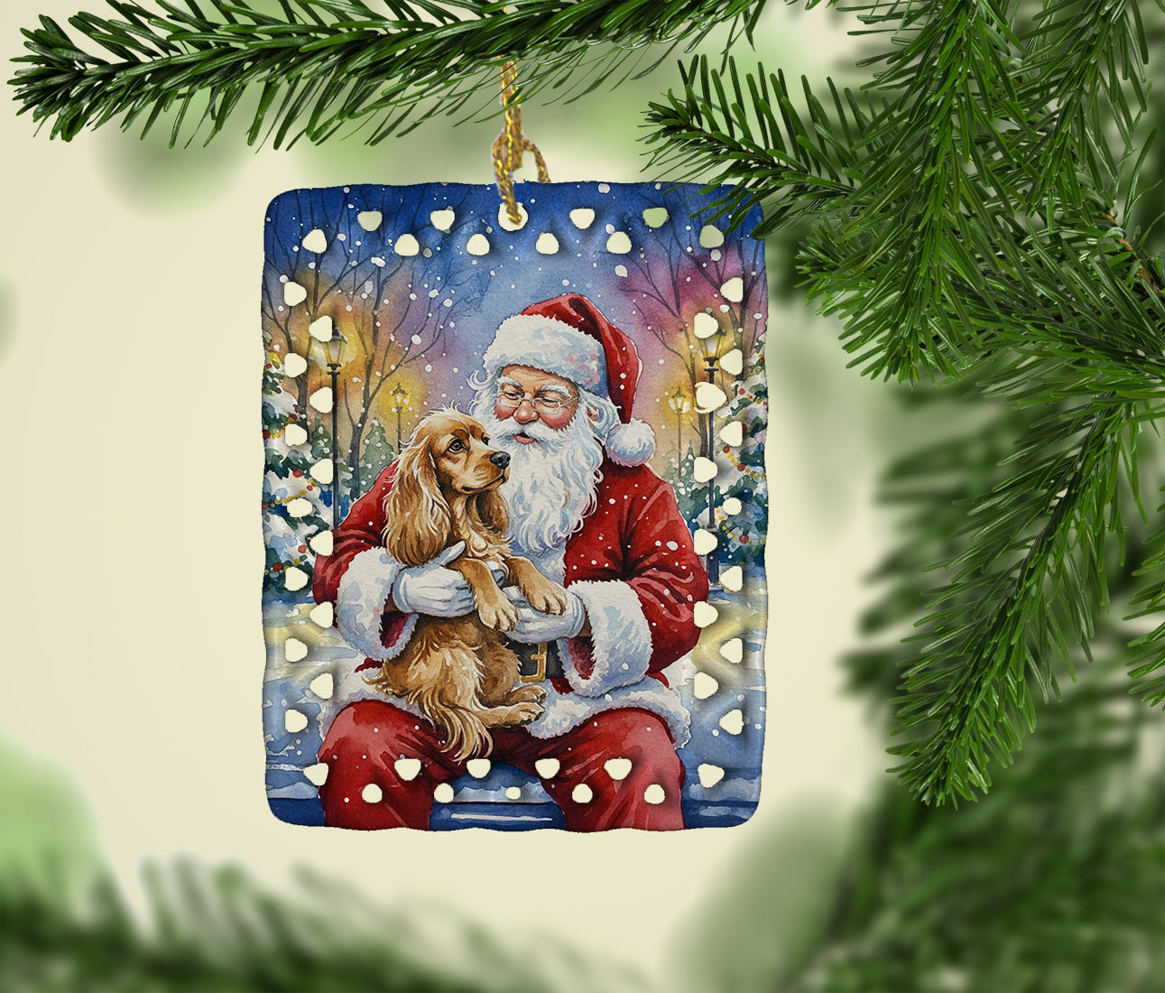Cocker Spaniel with Santa Claus Porcelain Ornament