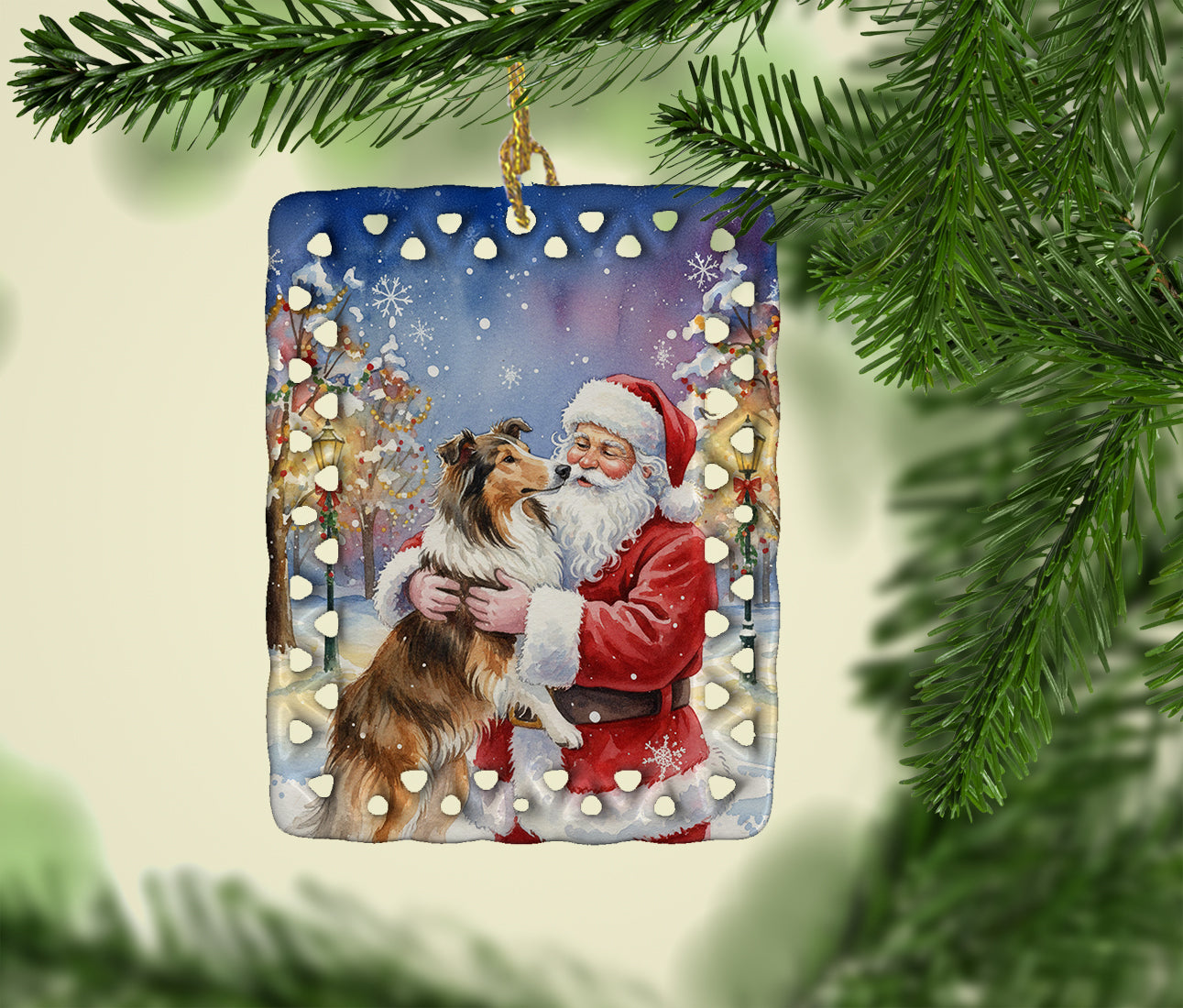 Collie with Santa Claus Porcelain Ornament