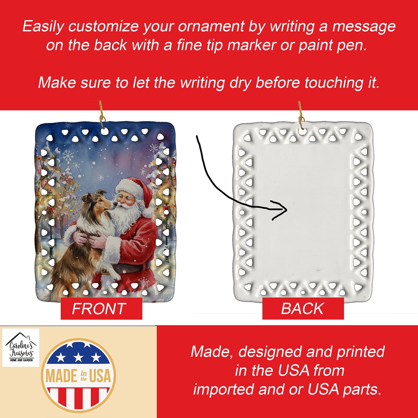 Collie with Santa Claus Porcelain Ornament