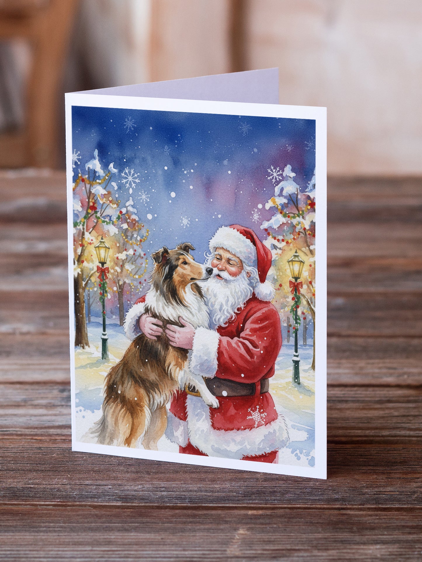 Collie with Santa Claus Greeting Cards Pack of 8